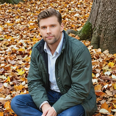 Cool corporate sitting near autumn leaves pile