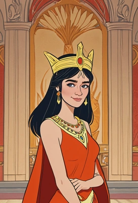 Hand-drawn flat cartoon style, Kuzco from Emperor's New Groove, sharp outlines, bright palace lighting, waist-up portrait, throne room background
