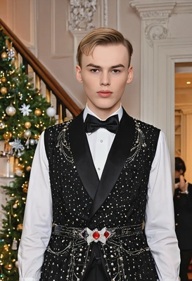 in formal holiday wear, attending a glamorous Christmas gala with elegant decorations