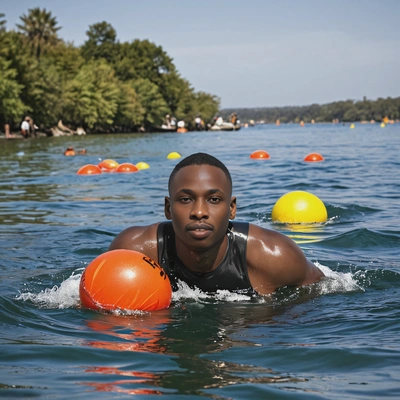 as a triathlete, wearing a sleek triathlon suit, swimming through open water, with buoys and other competitors in the distance