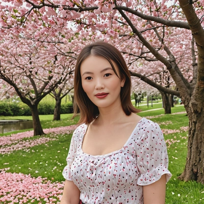 as a girlfriend standing under a cherry blossom tree, with soft petals falling around them in a serene park