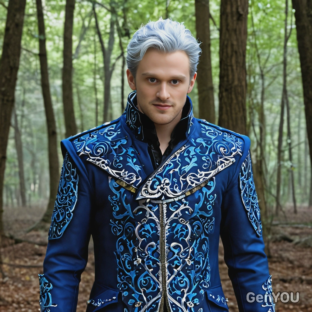 as Vergil from Devil May Cry, in his blue long coat with intricate designs, standing in a dark forest, ready for combat, serious, half body