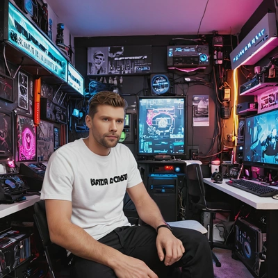 sitting in a small cyberpunk apartment, surrounded by neon decorations