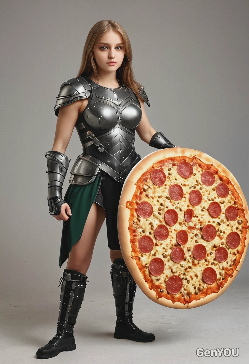 warrior, standing with a pizza as a shield, 
