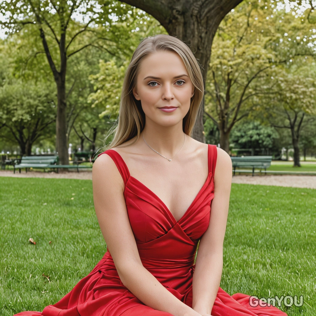 as a woman in a flowing red dress, sitting alone on a park, half body portrait 