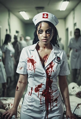 as sexy zombie nurse in a dim morgue surrounded by human remains at a Halloween party, blurred background, eyes on you