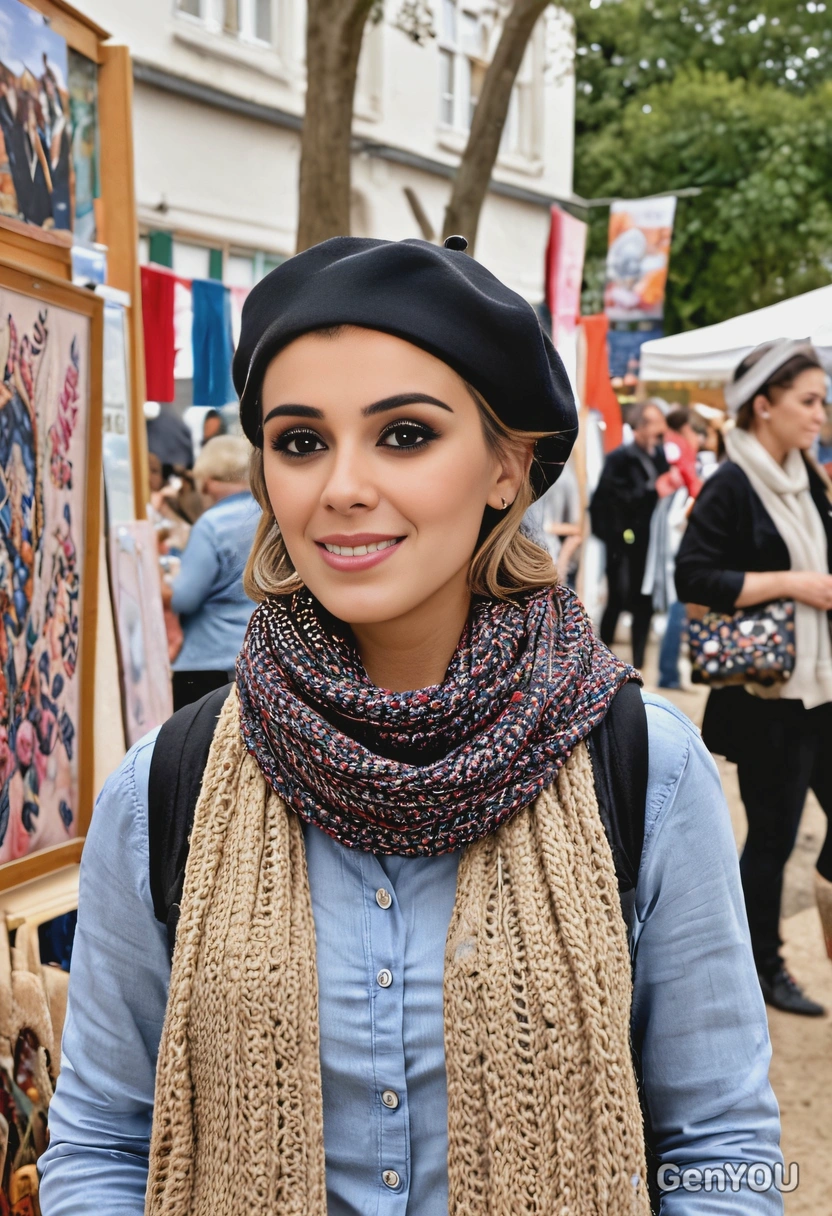 mid-shot, in a chic beret and a soft scarf, browsing through an outdoor art fair