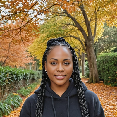 with box braids, wearing a cropped fleece hoodie, against a backdrop of autumn leaves, soft focus, blurred background