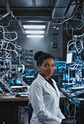A lone scientist working in a glowing lab, surrounded by high-tech equipment and cybernetic limbs