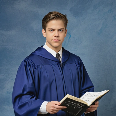 as a 90s choir member in a choir robe, holding sheet music, against a traditional blue yearbook background, half-body