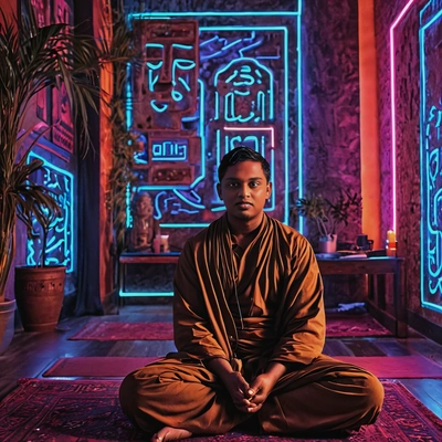 Techno monk, meditating in a serene room filled with neon lights