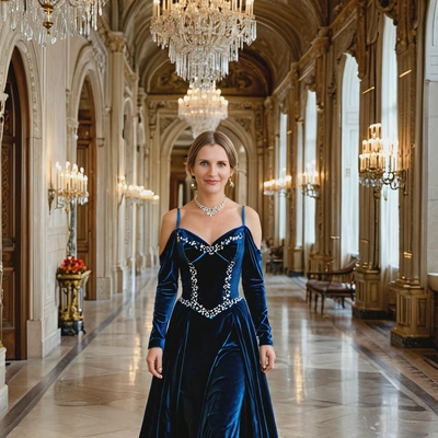 A princess draped in a velvet gown, walking through a palace hallway lined with crystal chandeliers