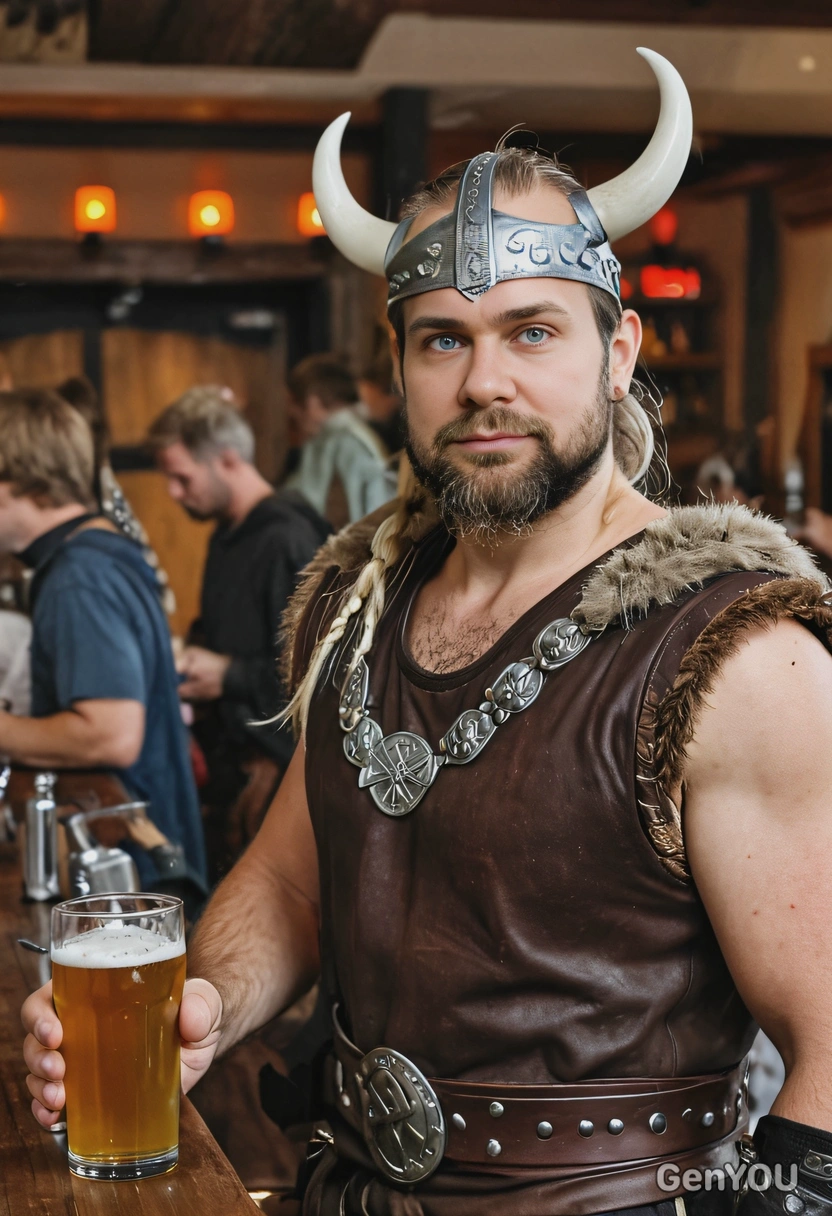dressed and equipped as a Viking at a Halloween party, standing by the bar with a glass of beer, people in random costumes around, blurred background, eyes on you