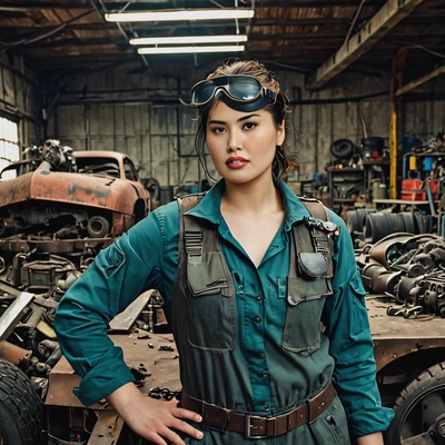 as a mechanic, curvy, welding goggles on forehead, old tattered jumpsuit, a heavy tank behind, weapons and ammo, junk, spare parts, in a garage behind, post-apocalyptic style, vivid colors, high-quality cinematography