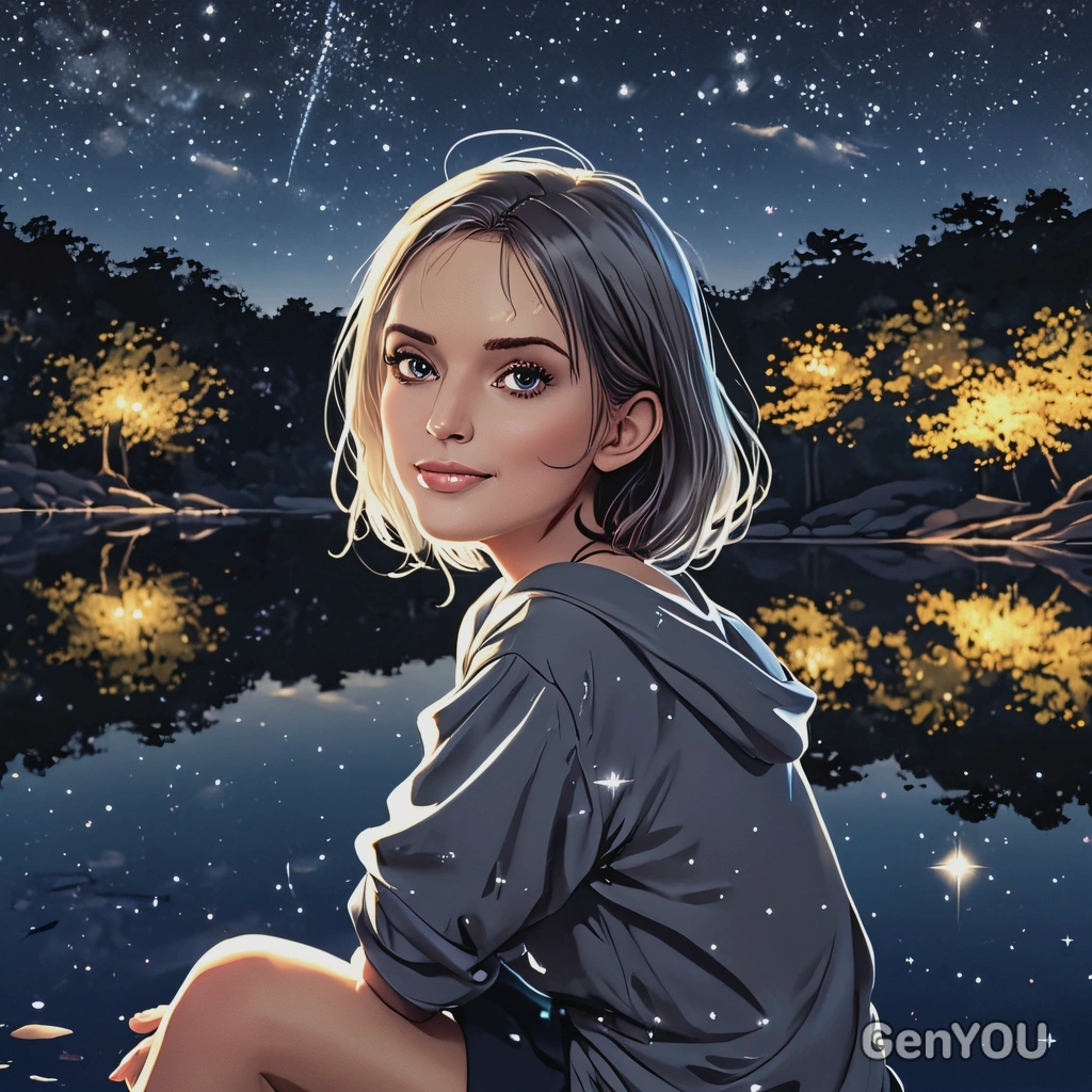 sitting by a glimmering lake with reflections of stars, anime style, big eyes, manga drawing