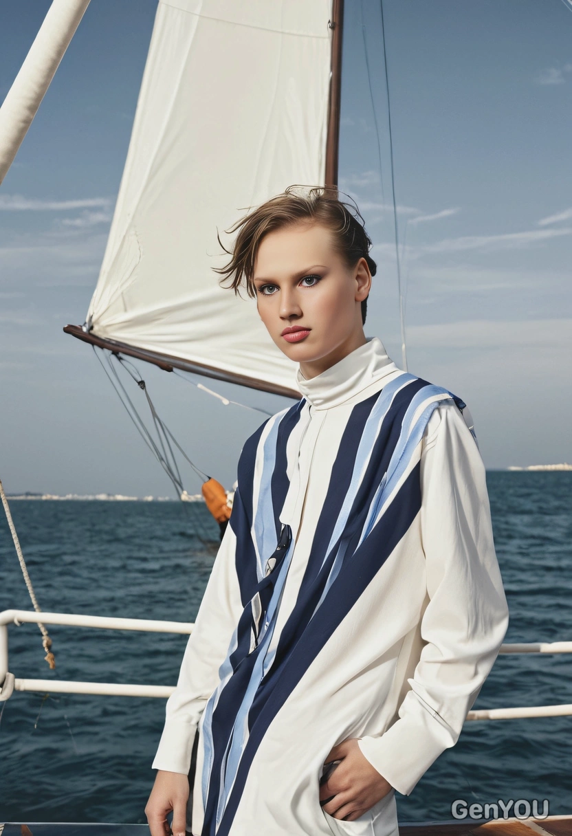 at a fashion magazine photoshoot, blurred background, sail, symmetrical details