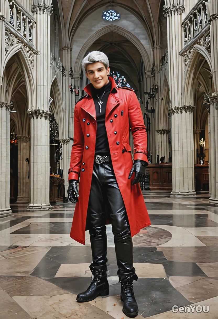 as Dante from Devil May Cry, in his red trench coat, silver hair, black leather pants, and boots, standing in a gothic cathedral