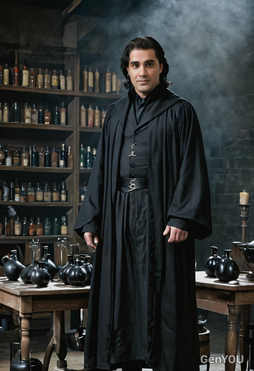 as Severus Snape, wearing his long black robes with a stern expression, standing in a dark, shadowy potion classroom with vials and cauldrons around, full body view