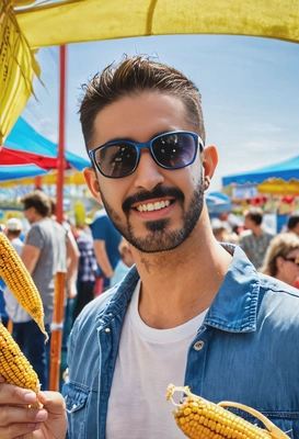 with a fried corn, at the fair, spring outfit, bright sunlight, sunglasses, blurred background, blue tones