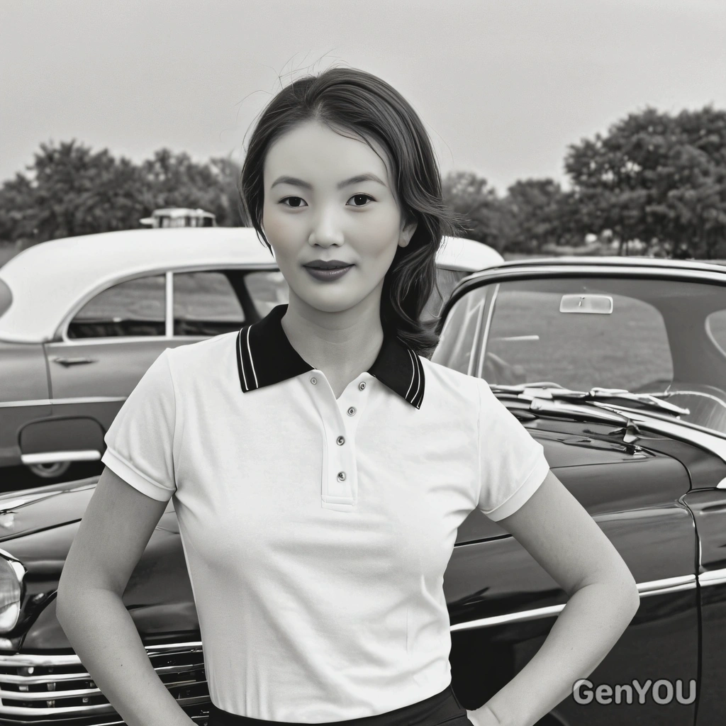 in a 1950s polo shirt, standing beside a vintage convertible, captured in black and white