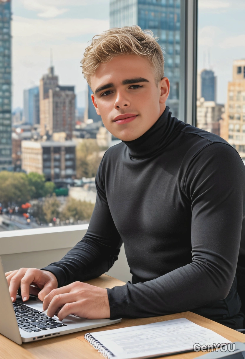 company executive wearing a black turtleneck, sitting at the desk typing on a laptop, city view behind a window, blurred background, morning natural lighting