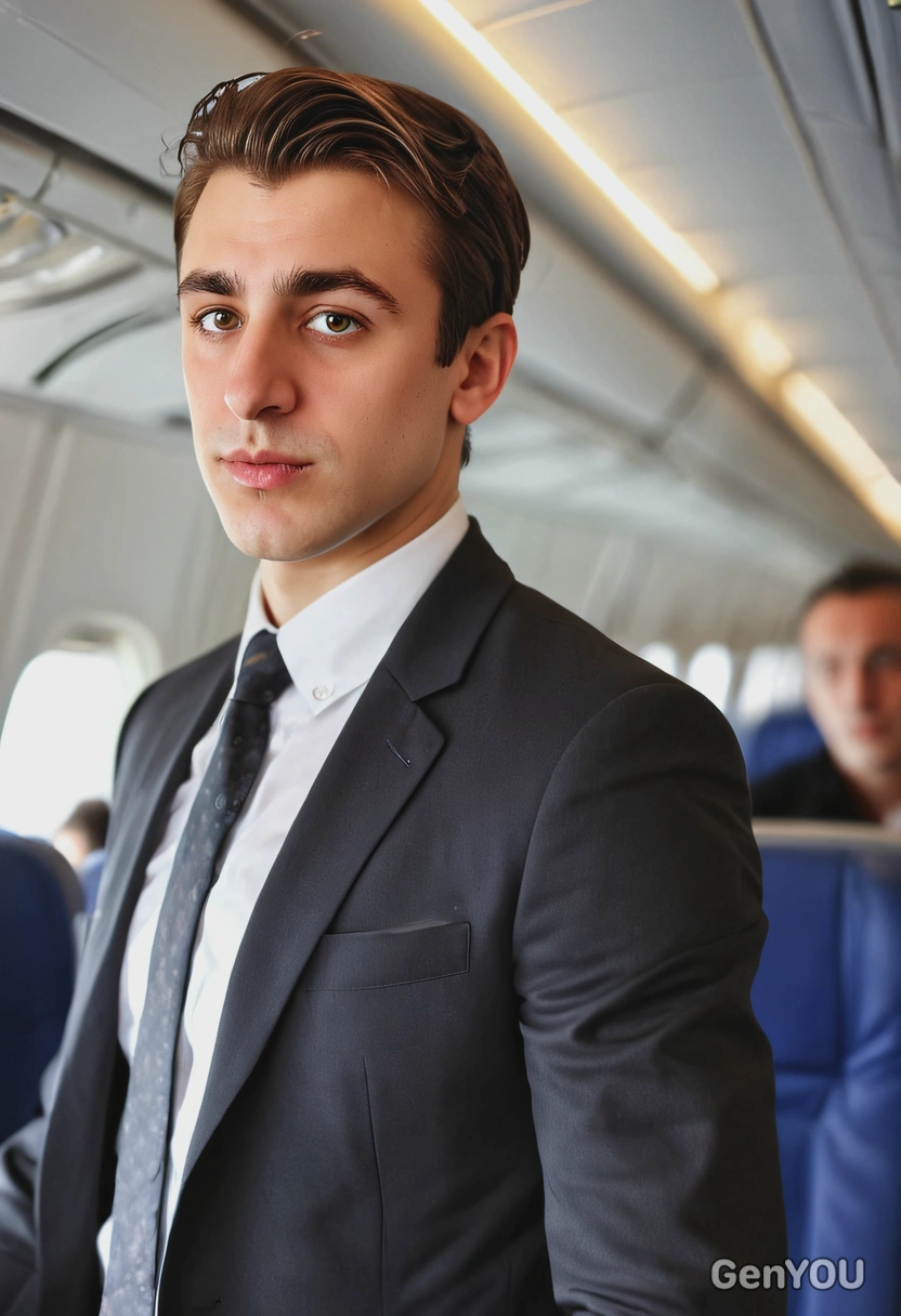 a businessperson traveling for work, on the plane, blurred background