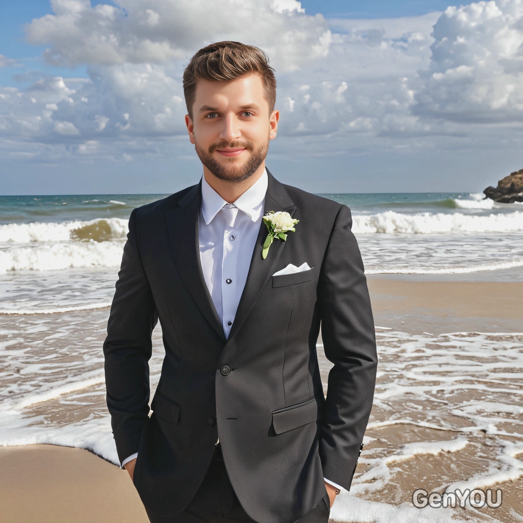 as a groom in a tailored black suit, standing on a sandy beach with waves in the background, sunny weather
