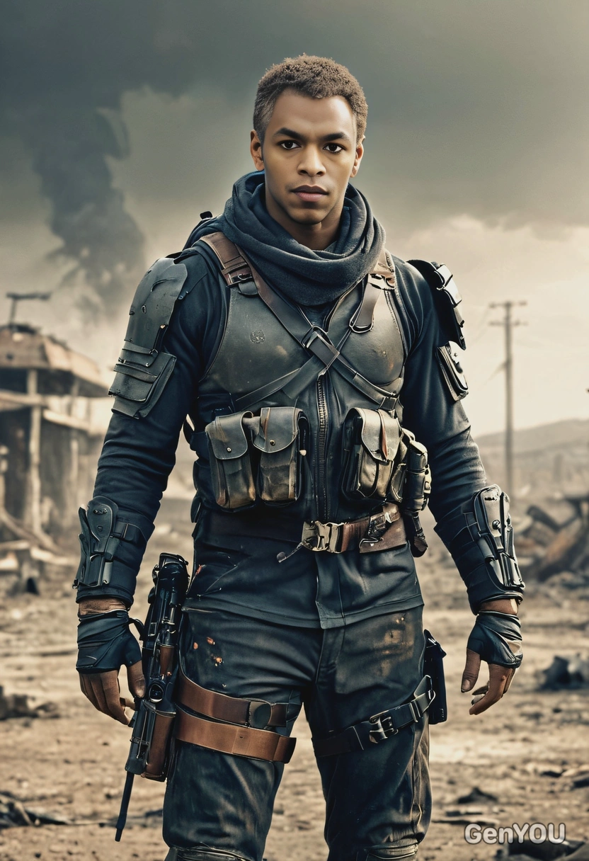 in a post-apocalyptic world, blurred background, epic movie shot, full-body image