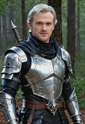 as Astarion from Baldur's Gate 3, silver hair, wearing his elegant dark leather armor with a high collar, standing in a moonlit forest with a sly grin, holding a gleaming dagger