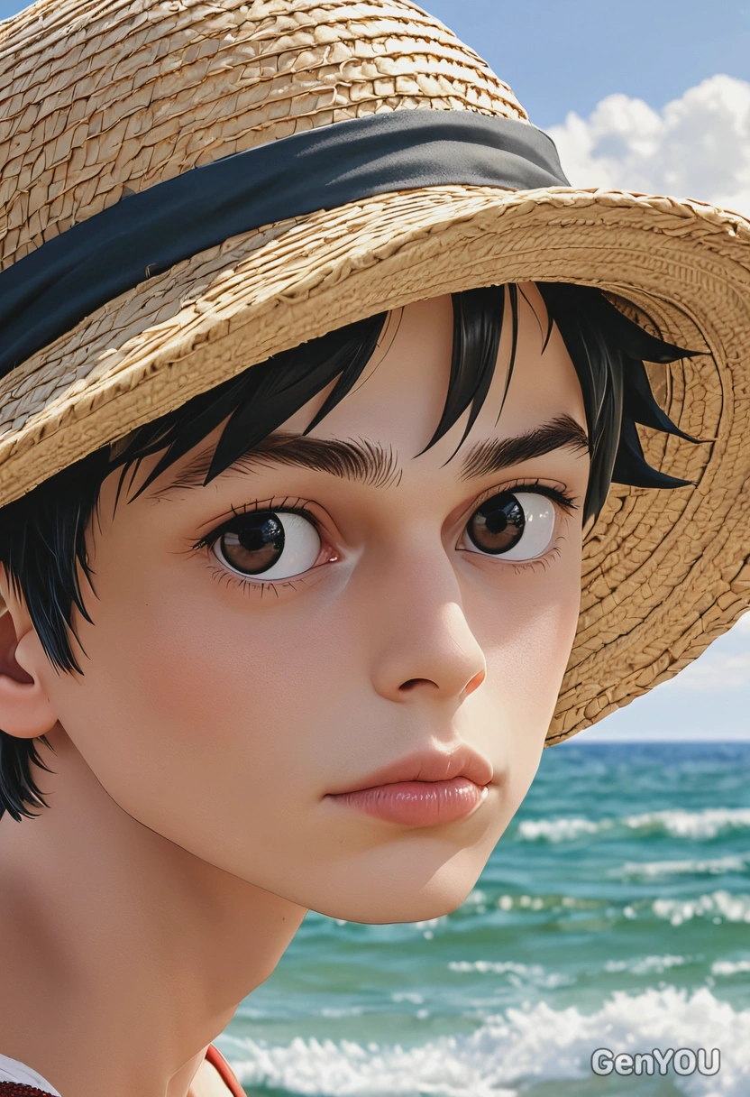 Luffy wearing his Straw Hat, looking out over the ocean, anime, big eyes, manga drawing