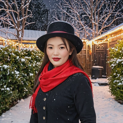 in a black top hat and red scarf, while standing in a snowy backyard with twinkling lights