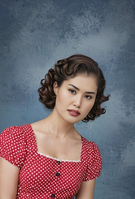 stylish student with pin curls, in a retro red-and-white polka dot dress, solid blue yearbook background, mid-shot photo 