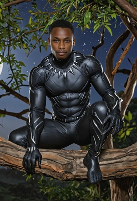 Black Panther crouched on a tree branch in Wakanda, black suit gleaming in the moonlight