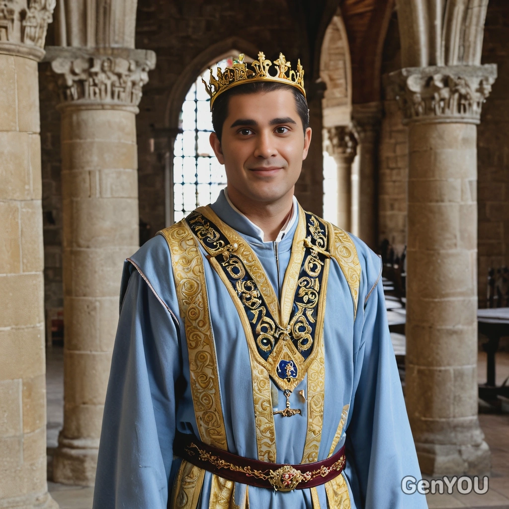 as a king in royal robes, standin in the great hall of a medieval castle, half body portrait 