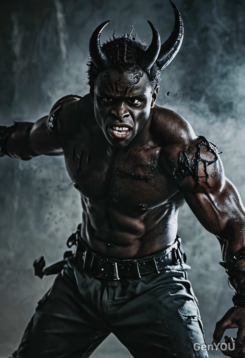 blurry background, professional photoshoot, dramatic fightic scene, fighting with a dark demon