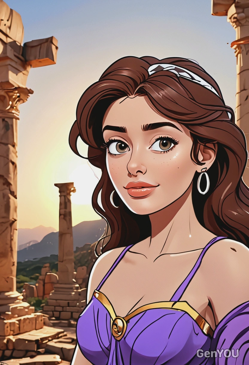 Hand-drawn flat cartoon style, bold outlines, Megara from Hercules, oversized cartoon big sparkling eyes, dramatic temple lighting, waist-up portrait, ancient Greek ruins background