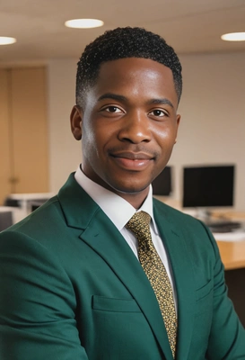 as boss, in a dark emerald office suit, relaxed pose, a closed soft smile, a close-up photo, blurry open-space office background, sharp focus on face, golden hour