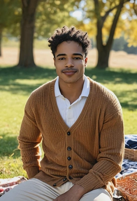 Sharp quality photo, sitting on the picnic, wearing a loose cashmere cardigan, bright sunny light, blurry background