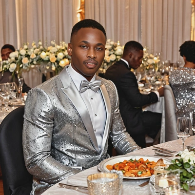 wearing a shimmering silver gown, sitting at a formal dinner party, with elegant table decor all around