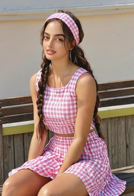 Stylish woman with long braids in pink checkered outfit