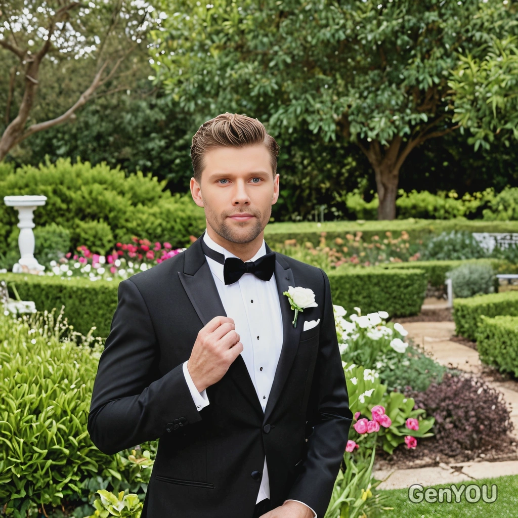 As a groom in a black tuxedo with a velvet bowtie, standing in an elegant garden ceremony, half body 