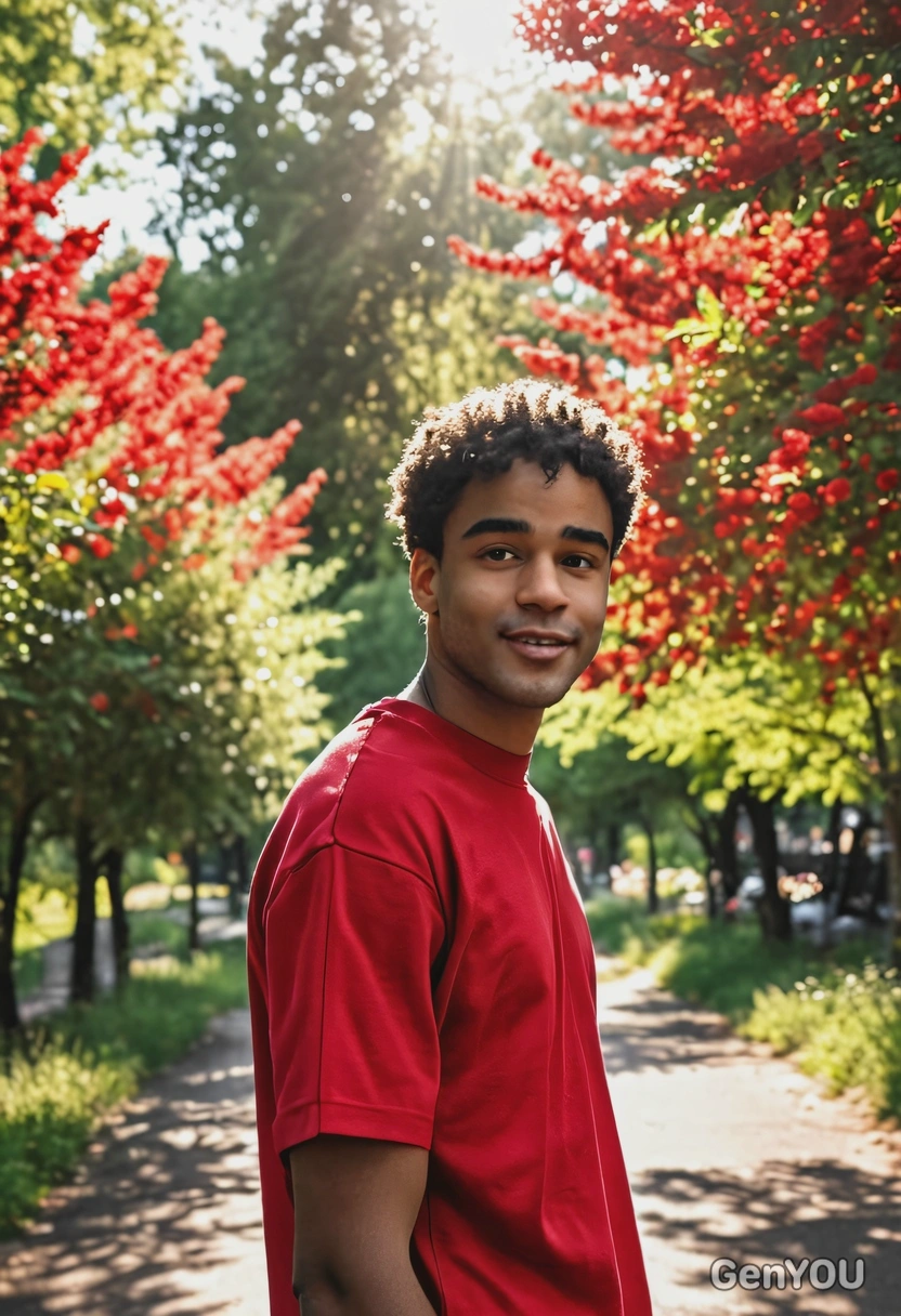 sharp face skin texture, wearing oversized loose-fitted chunky hip-hop red t-shirt, relaxed pose,  bright sun rays, blurry hip urban street with a lot of blooming trees background