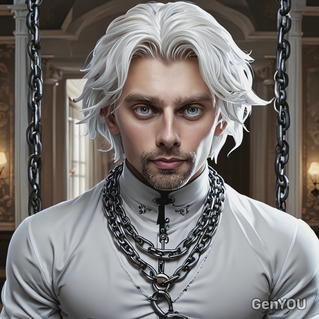 @me as a pale ghost in chains, spooky mansion, symmetrical clothing details, cartoon style, big eyes, high-quality stylized art