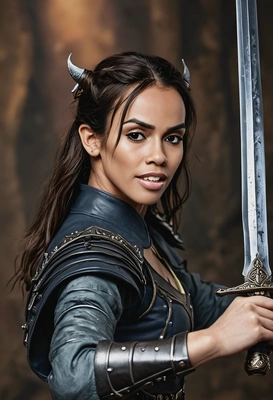 blurry background, professional photoshoot, dramatic fightic scene on swords with a demon