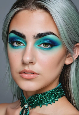 wearing artsy makeup inspired by elves, light-green and dark-blue colors, professional magazine photoshoot