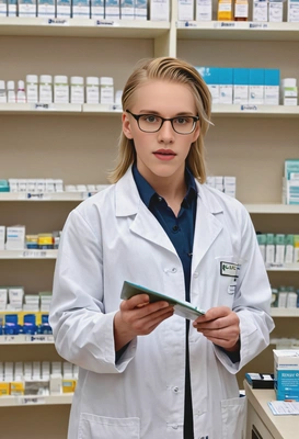 as a pharmacist in a white lab coat, standing in a well-organized pharmacy, carefully preparing a prescription with precision, half body view