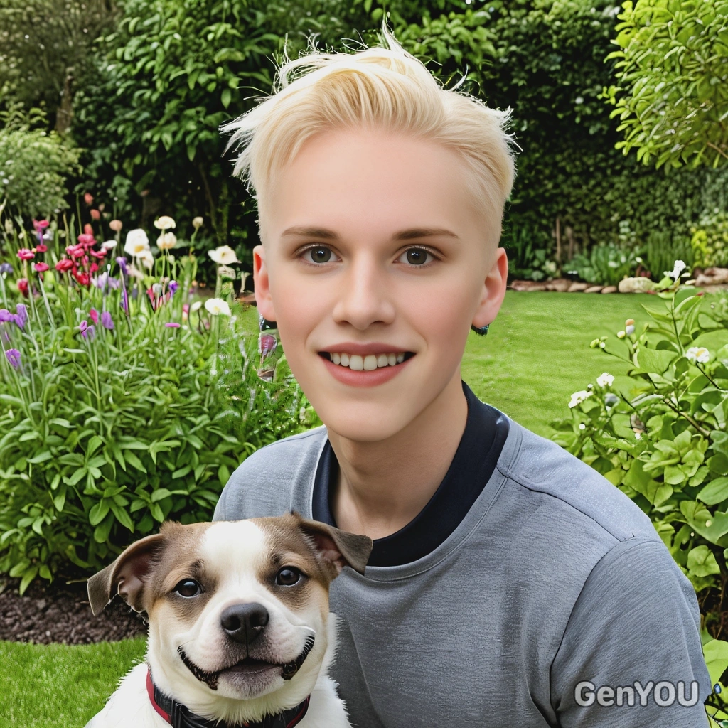smiling, in a garden, with a dog 