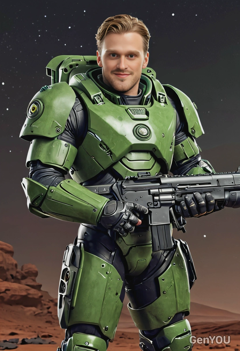 as a futuristic space marine, in green power armor, holding a large gun, looking at the camera, smiling, battlefield on Mars, night, symmetrical clothing details, cartoon style, high-quality stylized art