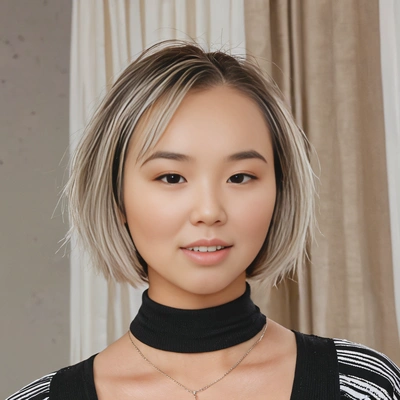 short, layered bob with curtain bangs, inspired by Hailey Bieber, soft focus, blurred background