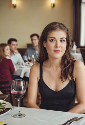 enjoying wine at the table, eyes on you, blurred background, professional shot, New York filter